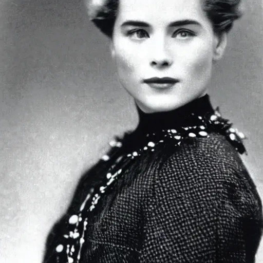 Prompt: edwardian photograph of grace kelly, emilia clarke, 1 9 0 0 s, 1 9 1 0 s, grainy, slightly blurry, very faded photo, realistic face, elegant, graceful