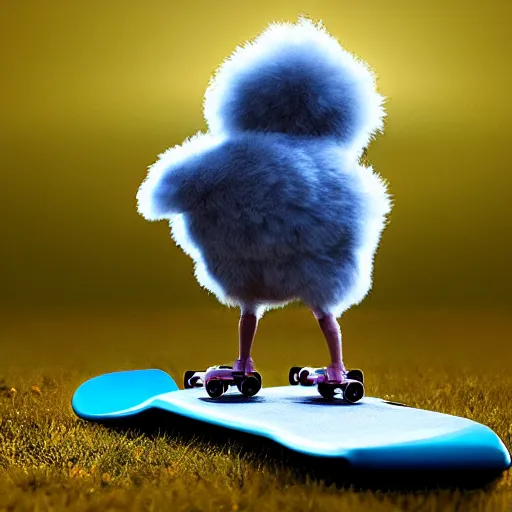 Image similar to fluffy chick riding mini skateboard, photorealistic