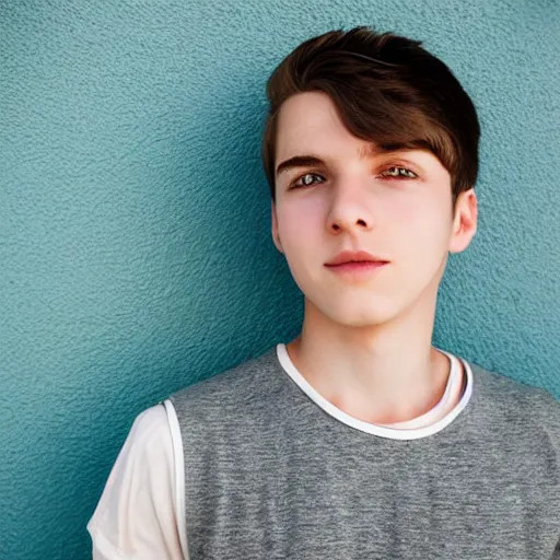 Image similar to portrait of a boy around 20 yo. Natural brown hair, net tanktop. Detailed face. Blue sky background. Foto 8K