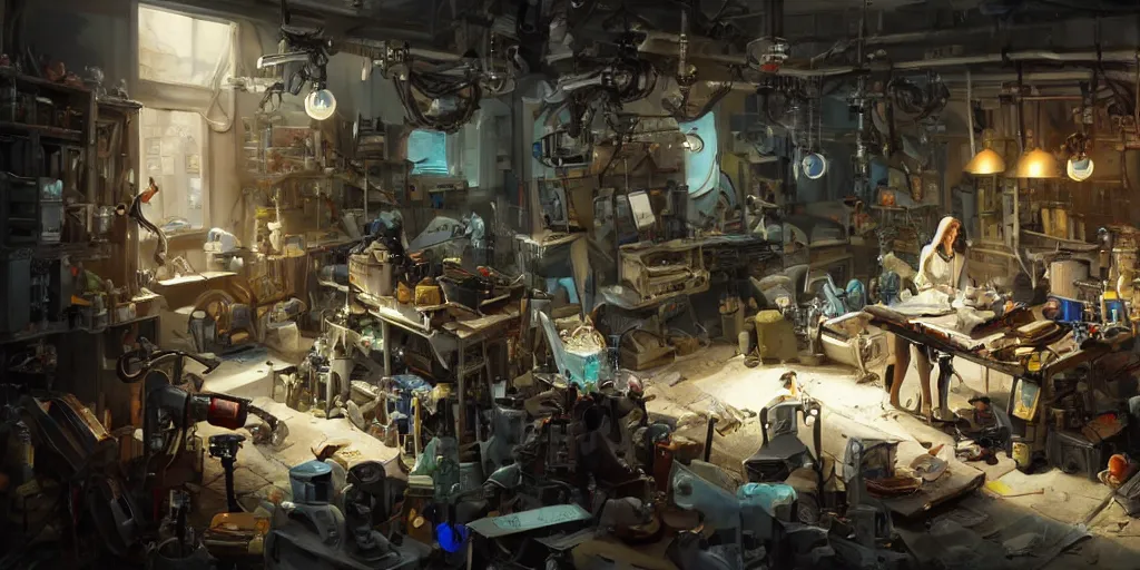 Image similar to an environmental concept art of a female scientist building a robot in a cluttered workshop, highly detailed, cinematic, dramatic lighting by francis tneh