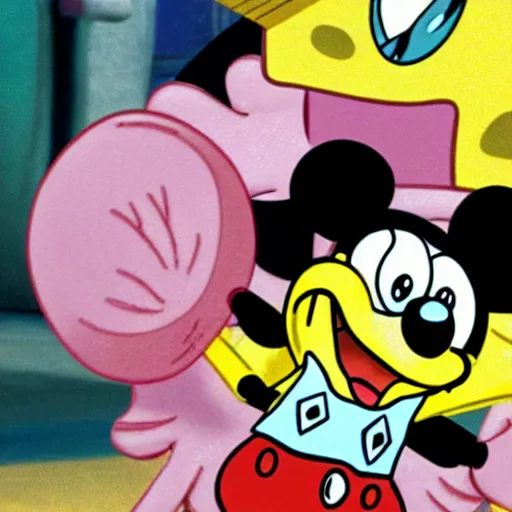 Prompt: spongebob kissing mickey