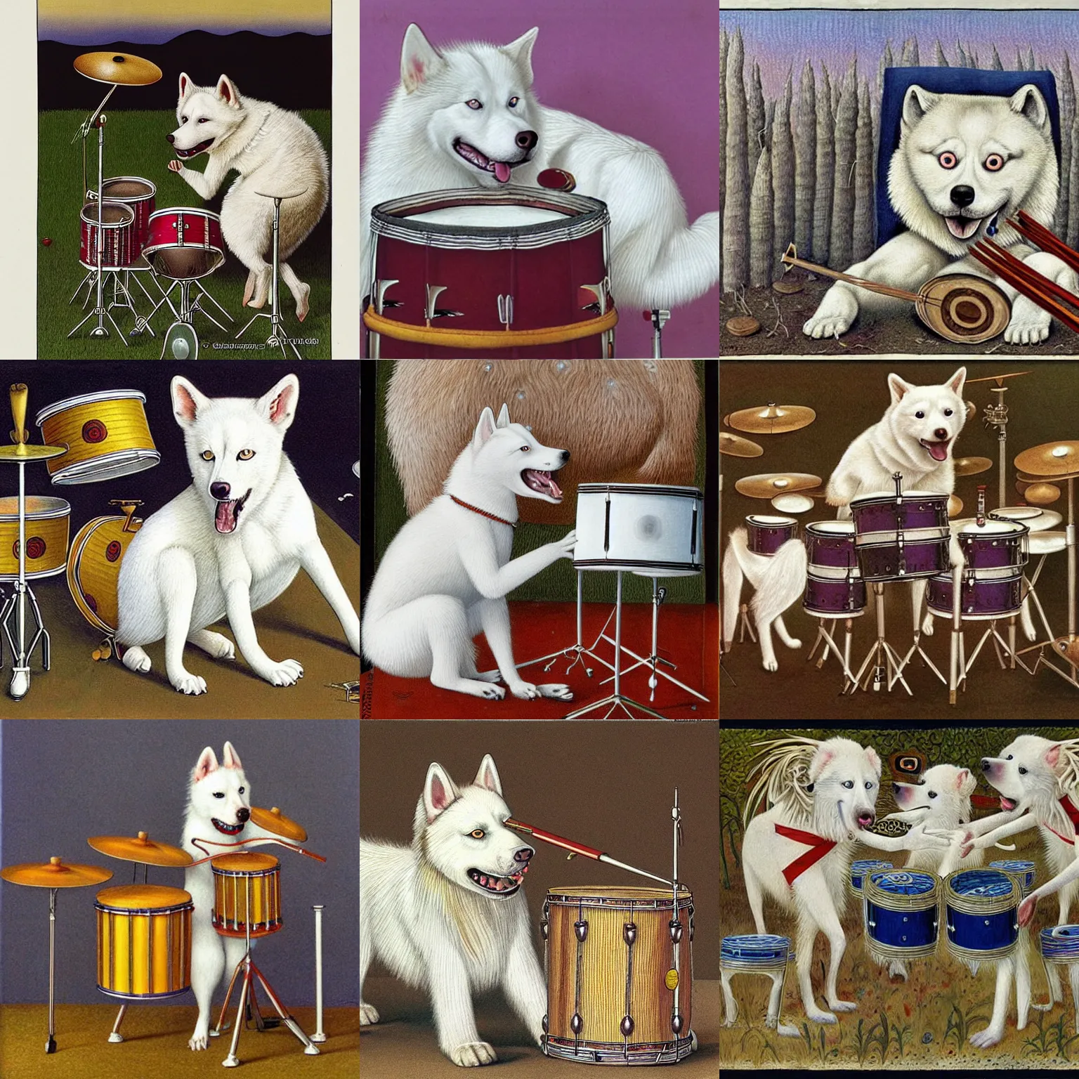 Prompt: albino husky playing the drums, codex seraphinianus