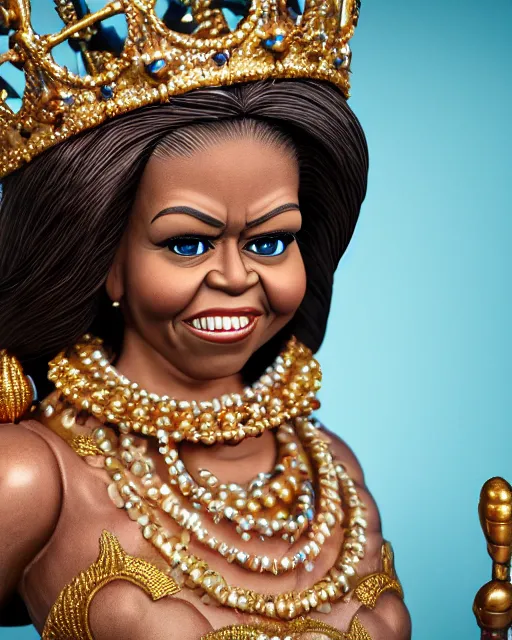 Prompt: highly detailed closeup, face profile portrait of a tin toy michelle obama as a fairytale princess wearing a crown and sitting on a throne, bikini, depth of field, nicoletta ceccoli, mark ryden, lostfish, max fleischer, breathtaking, detailed and intricate environment, 8 k resolution, hyperrealistic, octane render