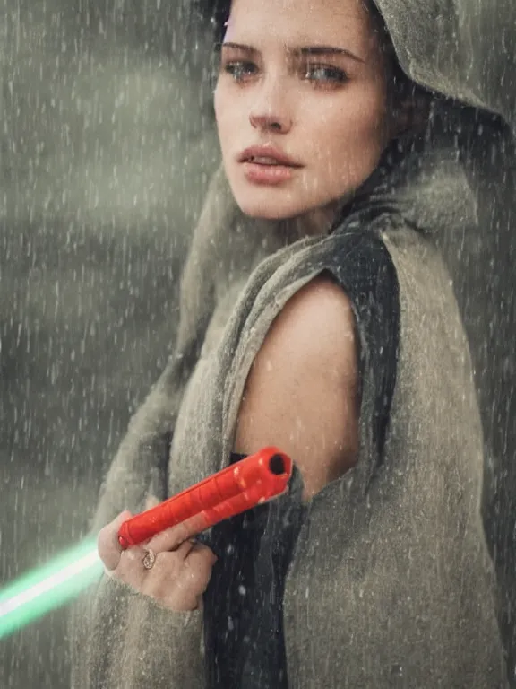 Prompt: cute model annie leonhart holding a lightsaber, beautiful face, detailed face, realistic eyes, pale skin, rule of thirds, cinematic lighting, rainy weather, melancholy atmosphere, volumetric light, realistic reflections, sharp focus, backlit, model agency, instagram photo, shot on sony a 7 iii, beauty filter, postprocessing