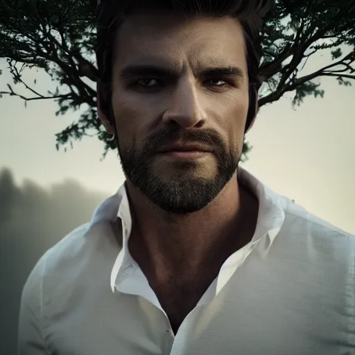 Prompt: a photograph of a thirty - something healthy man with a medium chiseled face, with 5 oclock shadow, but not too much. piercing white eyes, short - medium length dark black hair, wearing jeans leans against a magical tree romance novel fantasy photoshoot epic detailed and itricate digital photo trending on artstation by wlop octane render