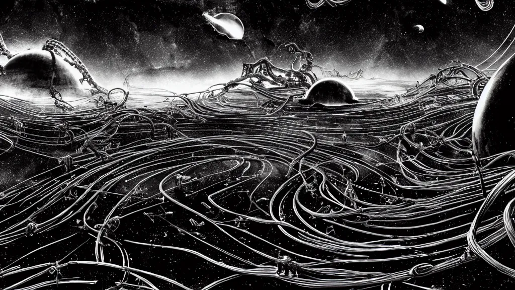 Prompt: a lot small slippery slime spaceships with xenomorph tentacles and wires epic explode in space with unreal planets, by giger, by tsutomu nihei, landscape, background sharp earth, black and white, sketch, futurism, 8 k