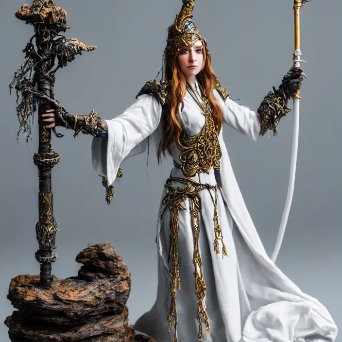 Prompt: photograph of a real-life beautiful elemental air witch with ornate white robes and staff. Extremely detailed. 8k