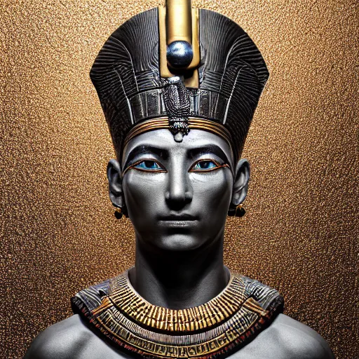 Prompt: an intricate photography portrait of a enigmatic pharaoh warrior soldier made of obsidian carving metal in a golden desert, extremely detailed, ornate, biomechanical, by wlop by jungyeonmin, james jean jhonseru jsezz, greg rutkowski, lens orbs, global illumination, japandi, hyperreal, micro details