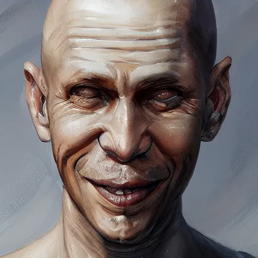 Image similar to a head - on detailed oil portrait of a friendly round - faced bald male monk with a friendly smile, by charlie bowater, lise deharme, wlop, trending on artstation, dungeon and dragons art, critical role