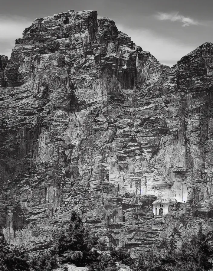 Prompt: a building in a stunning landscape by Ansel Adams