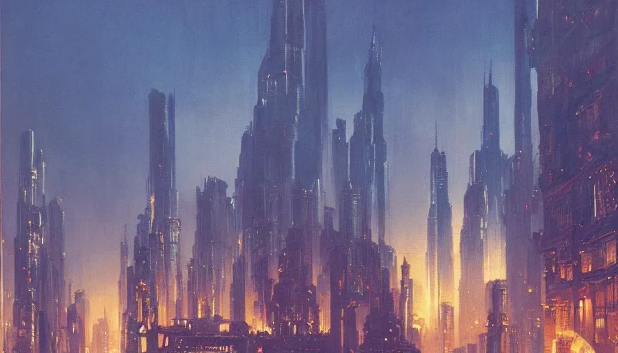 Image similar to city of golden shadows, intricate detailed painting, cityscape, john harris, reflective lighting