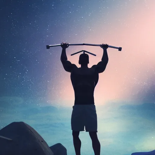 Prompt: man lifting on top of mountain with big muscles, aesthetic fireflies, stars, natural lighting, god rays, octane render, super detailed, 8 k