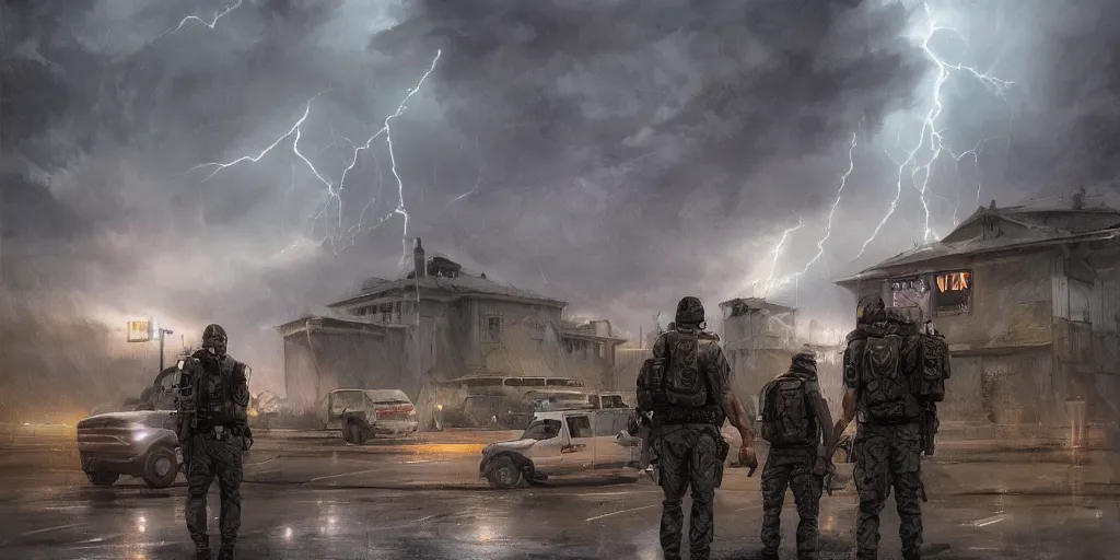 Prompt: private military company operatives standing outside immigration check point with severe weather storms behind, cinematic, realistic, detailed, intricate, digital art, ambient lightning, by jordan grimmer, industrial art style, 3 5 mm film grain, artstation