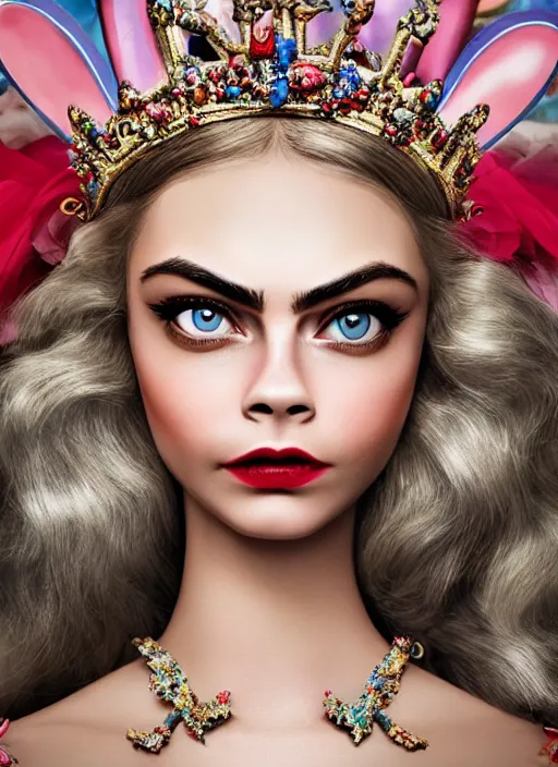 Image similar to closeup face profile portrait of a tin toy cara delevingne as a fairytale princess wearing a crown with tin bunnies, bikini, depth of field, zeiss lens, detailed, symmetrical, centered, fashion photoshoot, by nicoletta ceccoli, mark ryden, lostfish, breathtaking, 8 k resolution, extremely detailed, beautiful, establishing shot, artistic, hyperrealistic, octane render
