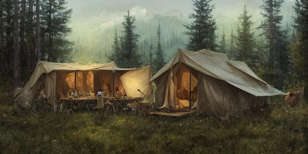 Image similar to cabela's tent fabric shelled pop up family dwelling unit, cabin, modular, person in foreground, mountainous forested wilderness open fields, beautiful views, painterly concept art, joanna gaines, environmental concept art, farmhouse, magnolia, concept art illustration by ross tran, james gurney, by craig mullins, by greg rutkowski