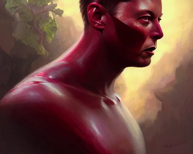 Image similar to elon musk in the image of beetroot, with burgundy skin, deep focus, d & d, fantasy, intricate, elegant, highly detailed, digital painting, artstation, concept art, matte, sharp, illustration, art by artgerm and greg rutkowski and alphonse mucha