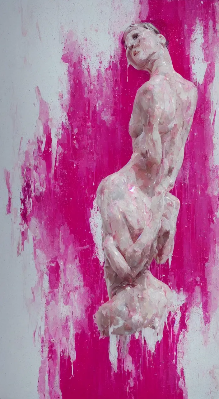 Image similar to dripping pink paint on the figure of a human woman, realistic, with high detail, on a white background,