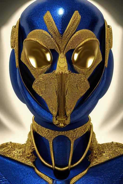 Prompt: full body portrait of a symmetric hyper realistic elegant alien, blue metallic skin, jewelry intricate details, unreal engine5, octane, with gold filigree mask and body armor