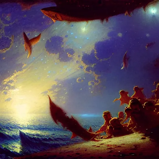 Image similar to point of view of deep in the ocean looking up, you see fishes, the milk way, night time, midnight, no sunlight. highly detailed painting by gaston bussiere, greg rutkowski 8 k