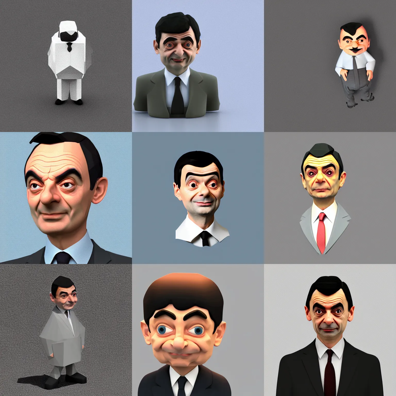 Prompt: low polygon render of mr. bean on a white background, isometric 3 d, ultra hd
