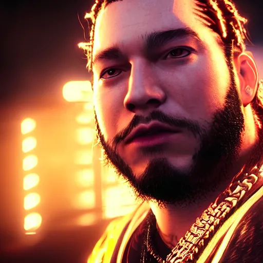 Image similar to a videogame still of Post Malone in Tekken 7, portrait, 40mm lens, shallow depth of field, close up, split lighting, cinematic