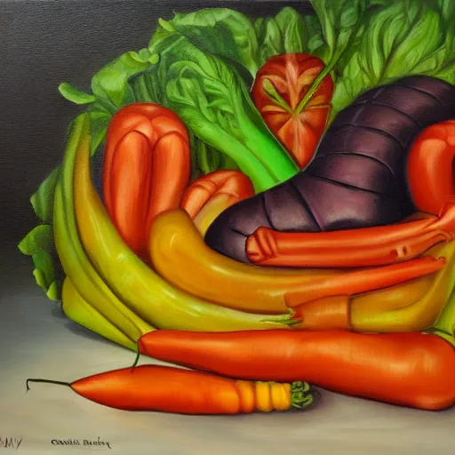 Image similar to a cornucopia of evil vegetables, oil on canvas