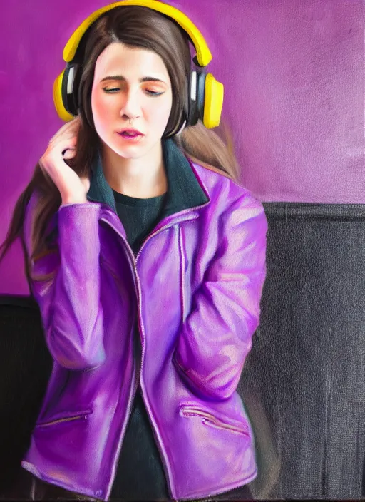 Prompt: young adult woman in a coffee shop wearing bright purple headphones and a leather jacket looking unamused, natural light, oil painting