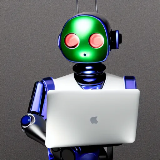 Image similar to beautiful robot works in front of a laptop