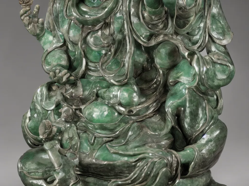 Prompt: beautiful detailed jade sculpture of meditating buda with with metal lotus flower on his head, in a gallery setting, influenced by ruan jia and greg rutkowsk. professional studio photo, full object in middle, well centered, 3 5 mm, high definition