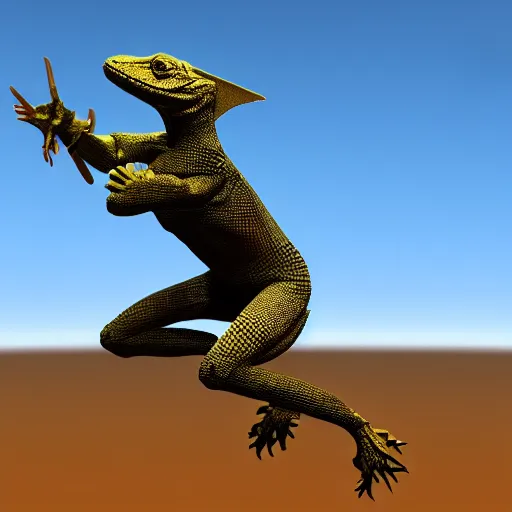 Image similar to 3D render on a lizard man super hero catching a fly