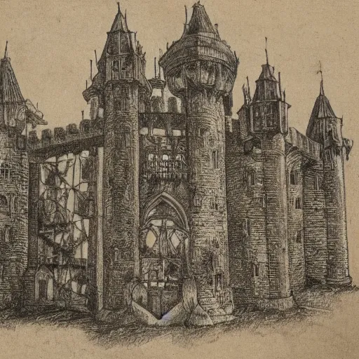 Prompt: drawing of a castle made of lace by albrecht durer