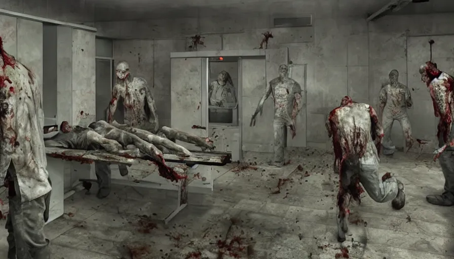 Prompt: zombies working in a morgue. trending on artstation. realistic cinematography