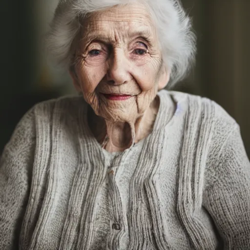 Prompt: portrait of a beautiful 8 7 year old woman with a perfectly symmetrical face. portrait photography, nikon, 5 0 mm, f / 1. 8. sharp. hd. 8 k.