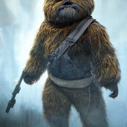 Image similar to hyperrealistic mixed media image of matt damon disguised as an ( ewok ), stunning 3 d render inspired art by istvan sandorfi and greg rutkowski, perfect facial symmetry, realistic, highly detailed attributes and atmosphere, dim volumetric cinematic lighting, 8 k octane extremely hyper - detailed render, post - processing, masterpiece,