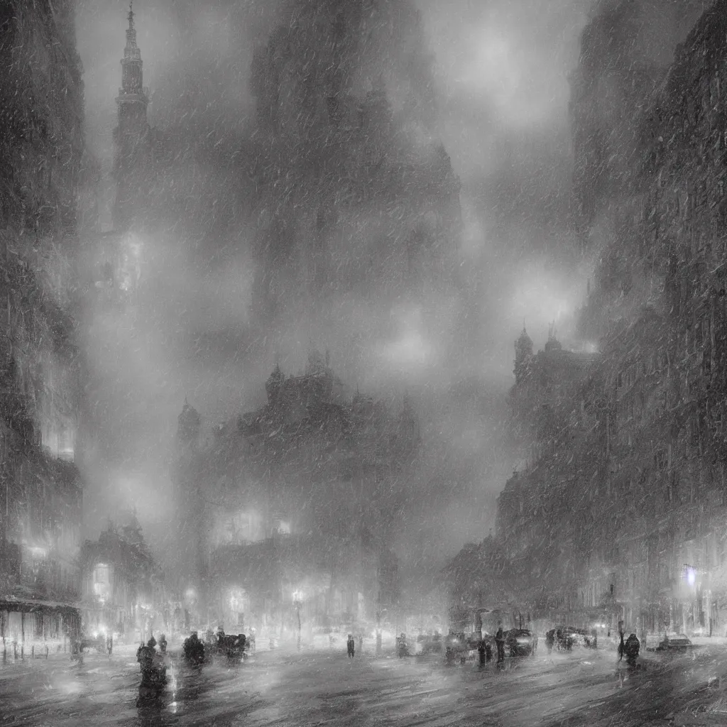 Image similar to 1 9 2 0 s warsaw during an arctic storm, dark, digital art, by james gurney