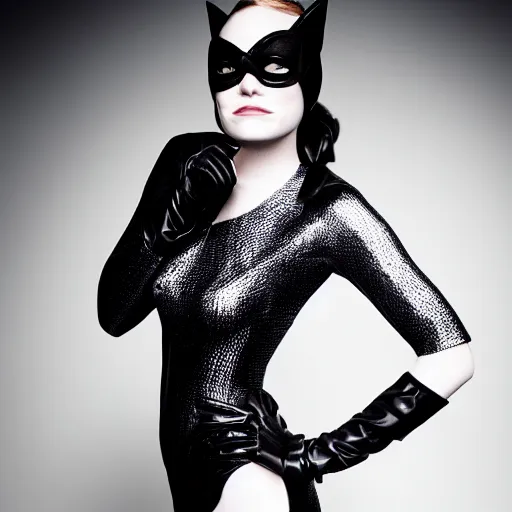 Prompt: Fully-clothed full-body portrait of Emma Stone as catwoman, XF IQ4, 55mm, studio lighting