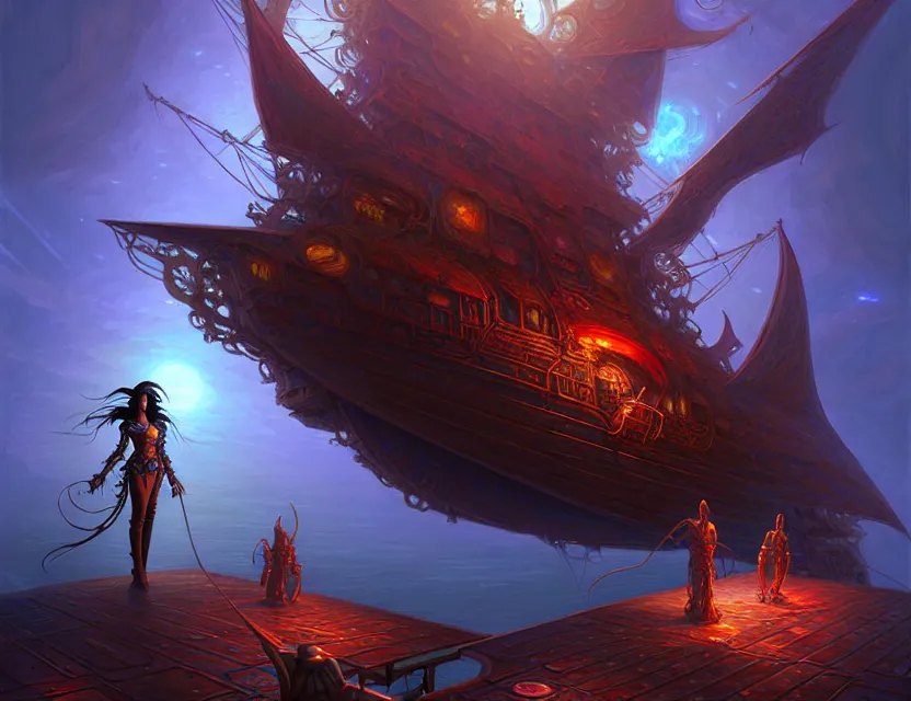 Prompt: standing upon the deck of the flying spelljammer ship, d & d planescape fantasy art, artstation contest winner, beautiful digital painting in the style of dan mumford, art by kev chan, volumetric lighting, concept art, speedpainting, fantasypunk, deep colors, cgsociety, by gerald brom