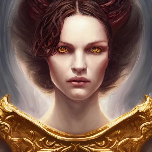 Image similar to a detailed matte head - on portrait painting of an middle - aged half - tiefling noblewoman with golden eyes and short well kept hair, by charlie bowater, lise deharme, wlop, tending on arstation, dungeons and dragon, dnd, pathfinder, fanart, oil on canvas