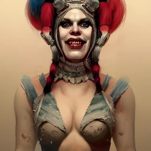 Prompt: portrait of harley quinn as a hulking herculean demon orc bugbear clown queen, forest, godlike, upper body, fantasy, intricate, elegant, highly detailed, digital painting, artstation, concept art, sharp focus, illustration, art by artgerm and greg rutkowski and alphonse mucha