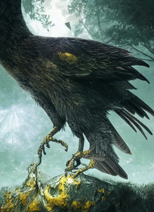 Image similar to glowing silver and golden elements, realistic crow, book cover, green forest, white moon, establishing shot, extremly high detail, photo-realistic, cinematic lighting, by Yoshitaka Amano, Ruan Jia, Kentaro Miura, Artgerm, post processed, concept art, artstation, matte painting, style by eddie mendoza, raphael lacoste, alex ross