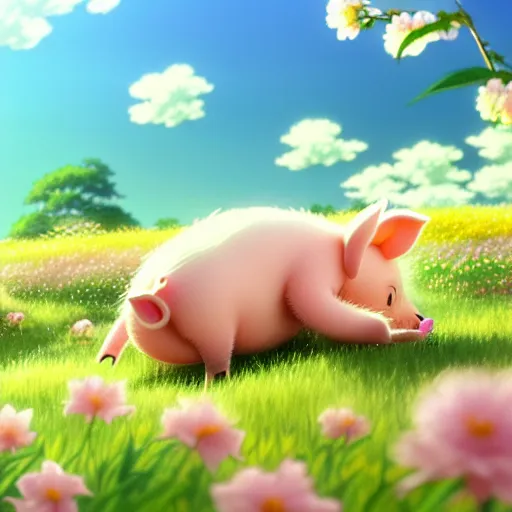 Image similar to cute and adorable piglet resting on a beautiful flower valley by makoto shinkai, summer, studio ghibli, hayao miyazaki, takashi takeuchi, akihiko yoshida, funimation, key anime visual, anime poster, 8 k, highly detailed, rendered, concept art, wide angle, trending on artstation, pixiv daily ranking