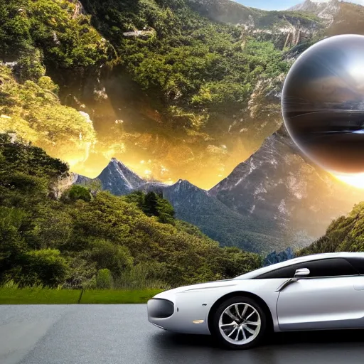 Prompt: A car landing in a futuristic luxury mansion, a beautiful landscape with mountains, trees and waterfalls, a flat-shaped planet being seen in the sky, 8k photo