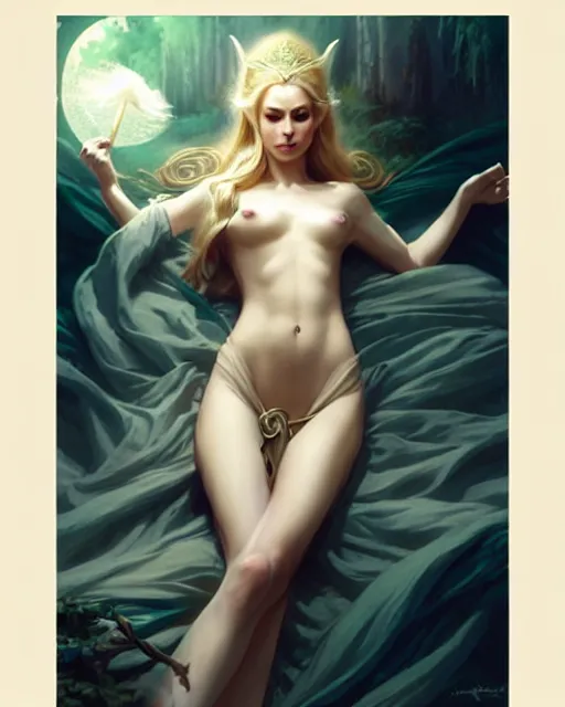 Image similar to elven goddess of dreams, full body, dreaming, lying on the bed | | realistic shaded, fine details, fine - face, realistic shaded lighting poster by greg rutkowski, magali villeneuve, artgerm, jeremy lipkin, michael garmash, rob rey