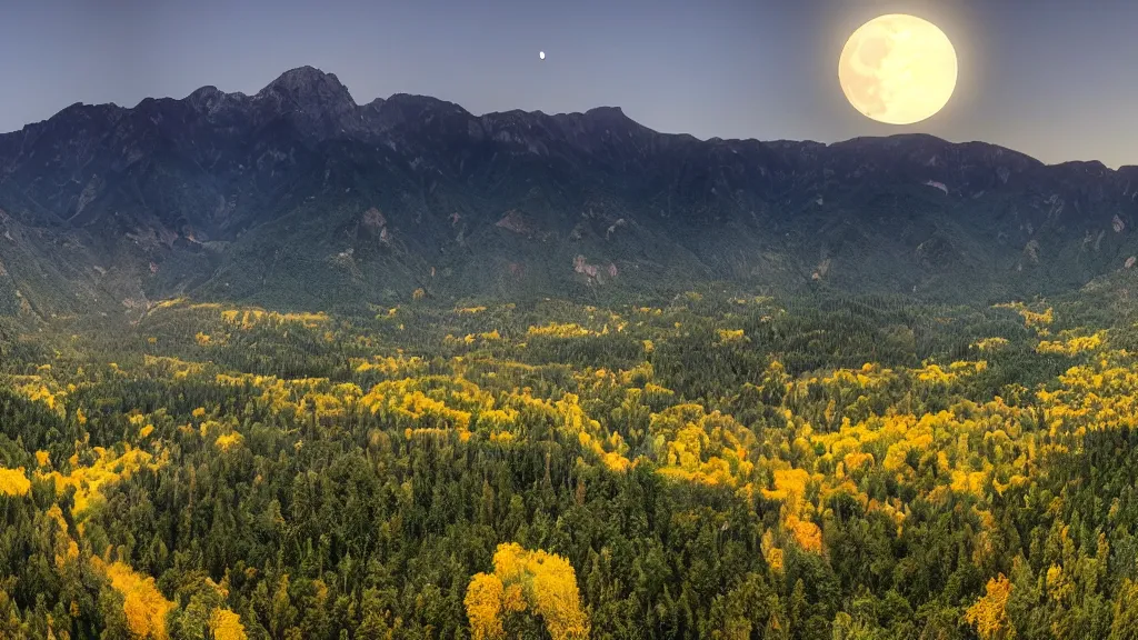 Image similar to Panoramic photo where the mountains are towering over the valley below their peaks shrouded in mist. The moon is just peeking over the horizon and the sky is covered with stars and clouds. The river is winding its way through the valley and the trees are starting to turn yellow and red