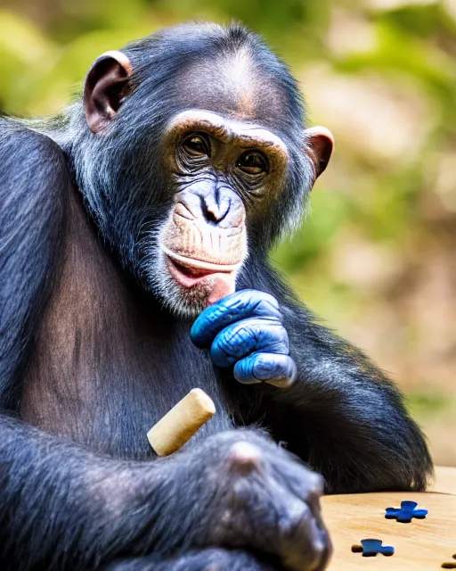 Image similar to gold, blue, photo of a chimpanzee solving a puzzle, blue hat, big cigarre in mouth, 8 k, 8 5 mm f 1. 8