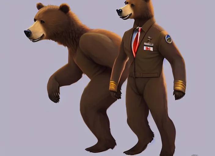 Image similar to character portrait feature of the anthro male anthropomorphic kamchatka brown bear fursona wearing airline pilot outfit uniform professional pilot character design stylized by charlie bowater, ross tran, artgerm, and makoto shinkai, detailed, soft lighting, rendered in octane