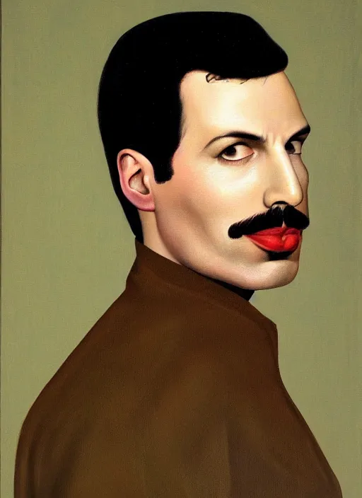 Image similar to a portrait painting of Freddie Mercury by John Currin