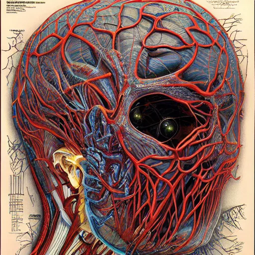 Image similar to nightmare etherreal iridescent vascular nerve bundles pearlescent spinal chord horror by naoto hattori, zdzislaw, norman rockwell, studio ghibli, anatomical cutaway