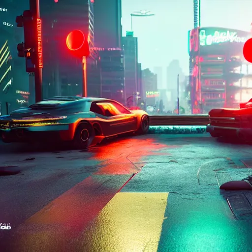 Image similar to Cyberpunk 2077 city crosswalk with traffic light, concept art, unreal engine, 4k render, global illumination, blender, cycles