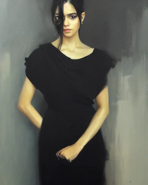 Image similar to beautiful portrait painting an gorgeous delhi girl wearing a little black dress, oil painting, art by ruan jia